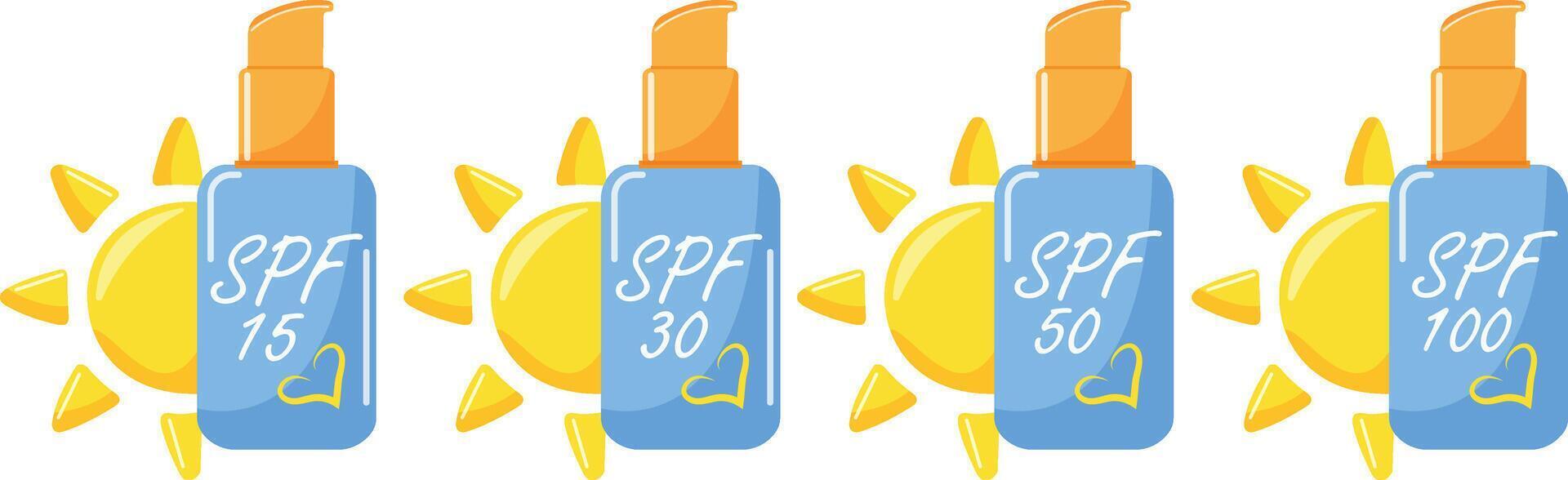 set of colored icons of spray sunscreen with different levels of sun protection vector