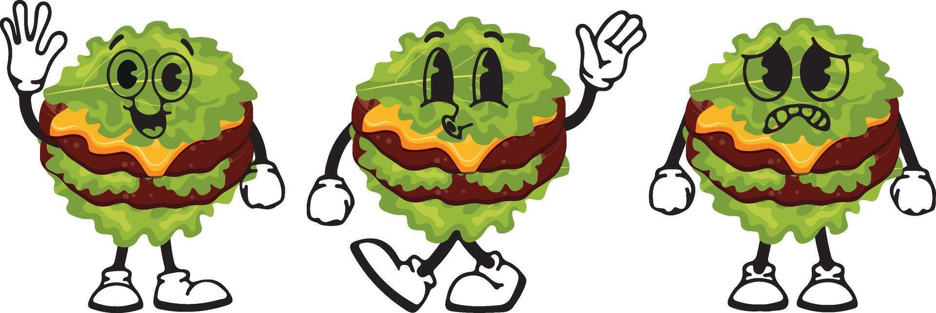 set of burger characters with fried patties, cheese and lettuce instead of a bun with various funny faces, Kawaii-style anthropomorphic food vector