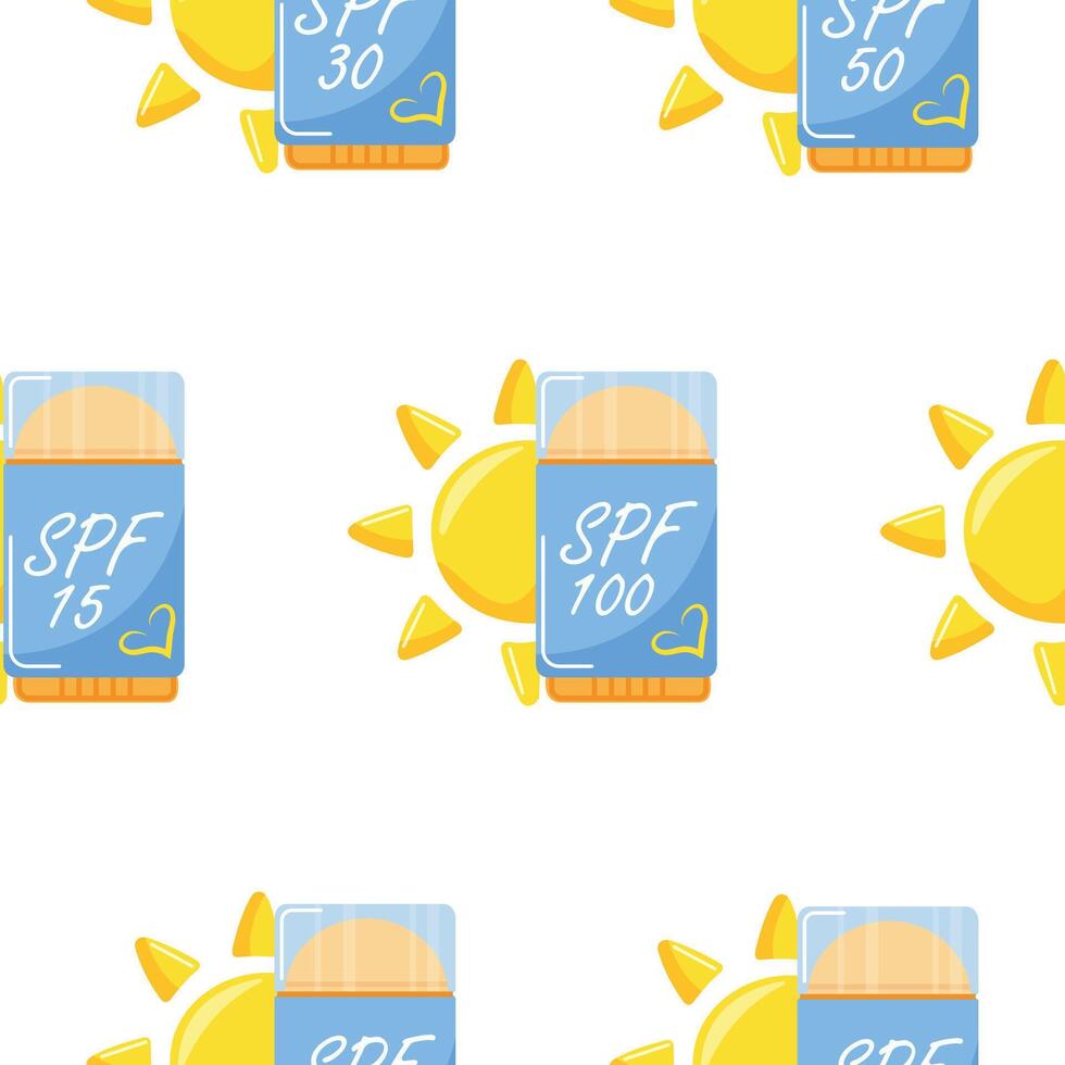 pattern with icons of a sunscreen stick in the shape of a deodorant for sun protection and a sun on the side, for summer designs vector