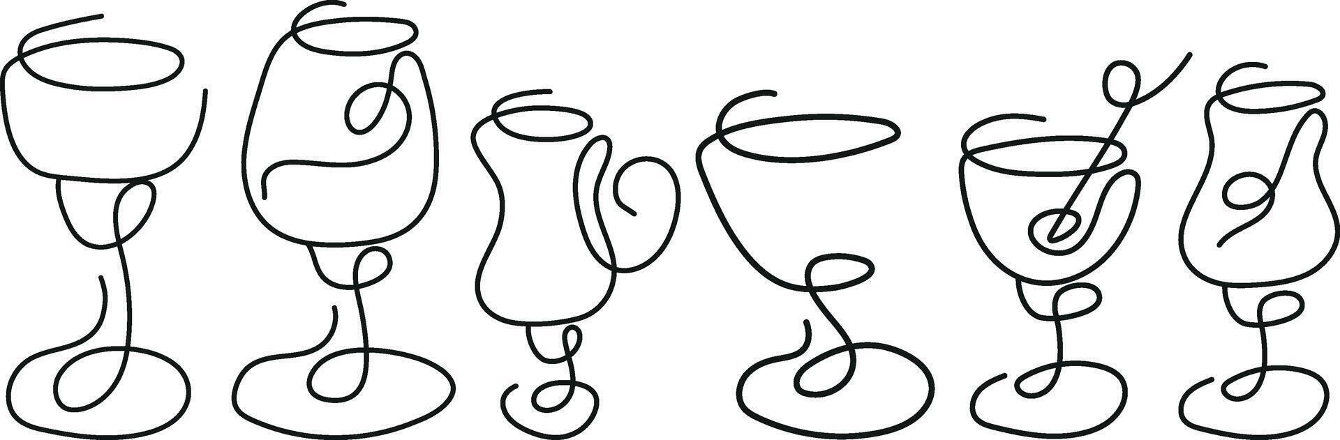 set of various icons with glasses for various drinks drawn with several lines in line art style vector