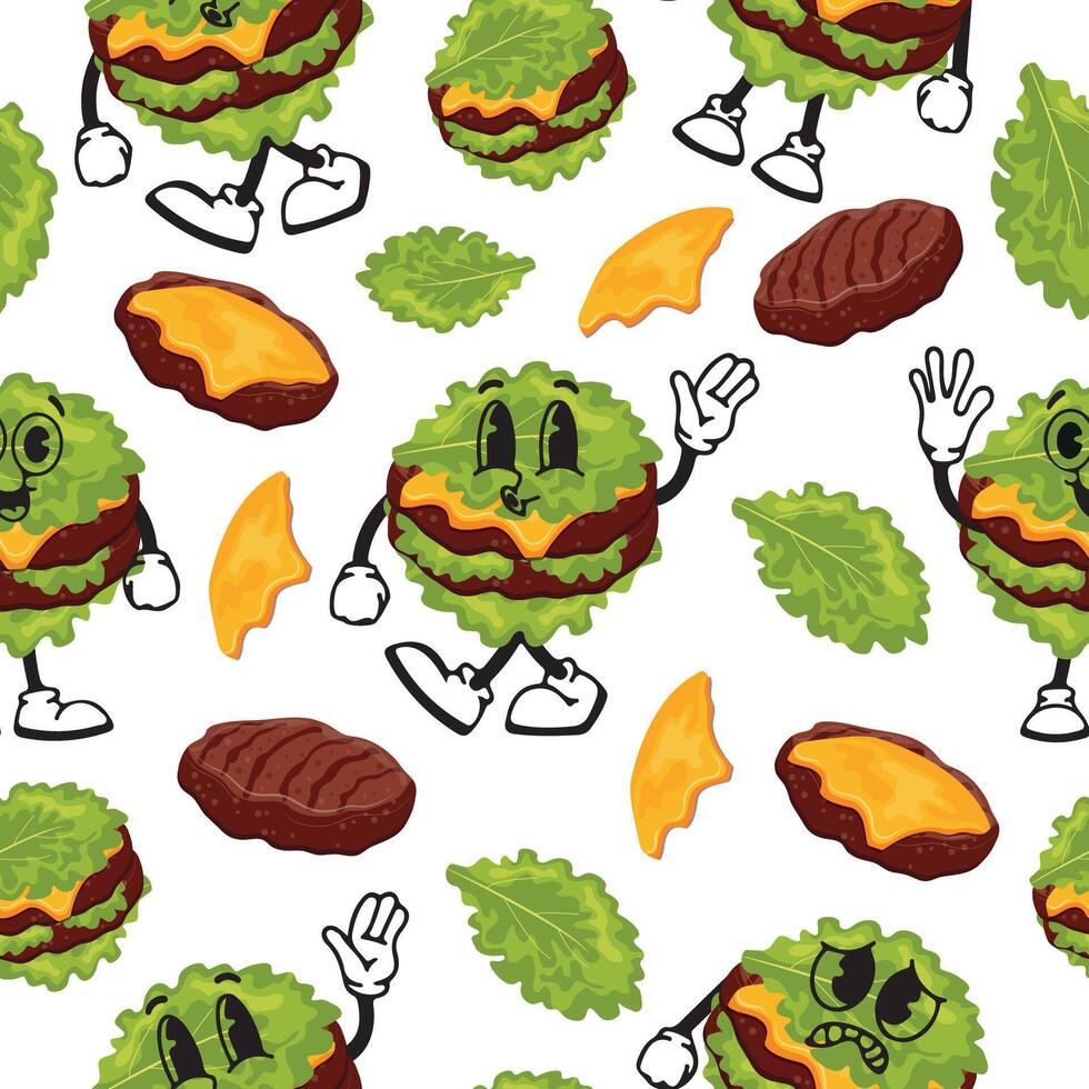 seamless pattern of burger characters with fried patties, cheese and lettuce instead of a bun with various funny faces, Kawaii-style anthropomorphic food vector