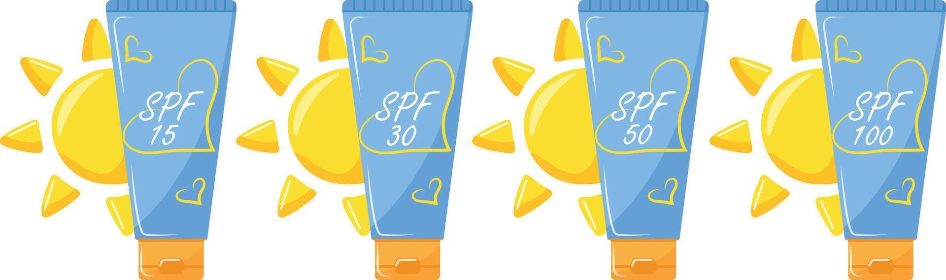 icons of a classic vertical tube with sunscreen and a sun on the side, for summer designs vector
