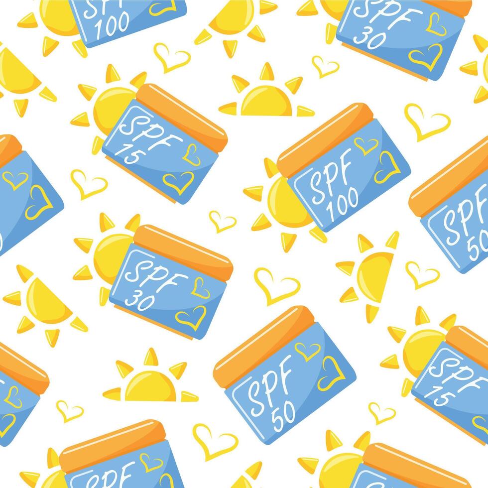 seamless pattern with icons of compact rectangular jars with sunscreen and a sun on the side, for summer designs vector