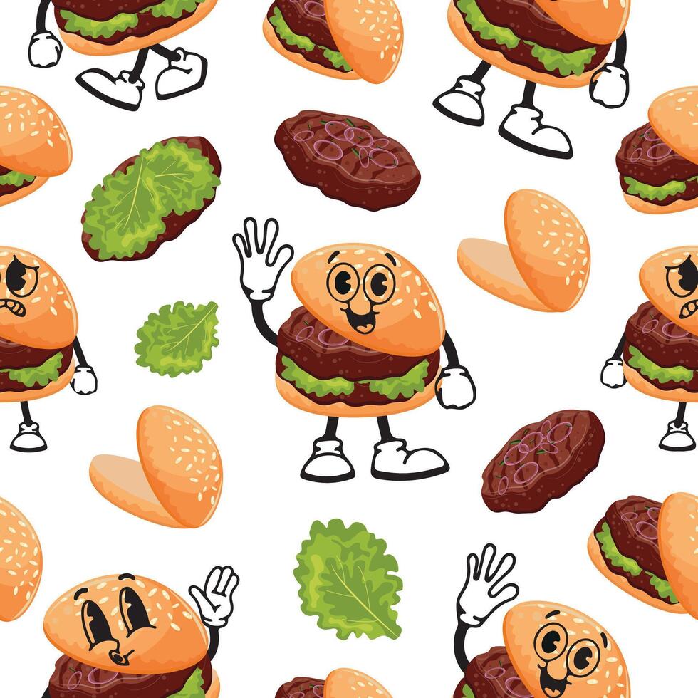 seamless pattern of burger characters with fried patties and pickled onions with various funny faces, Kawaii-style vector