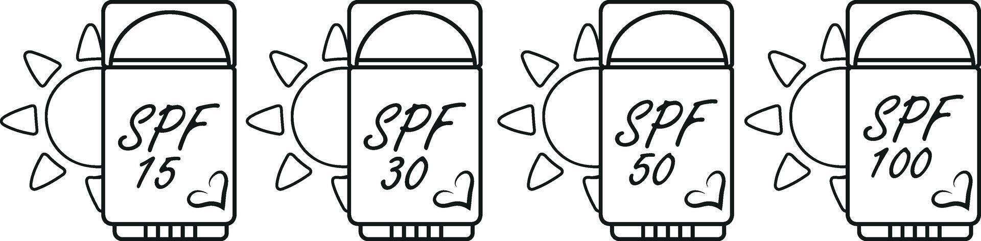Icons of a sunscreen stick in the shape of a deodorant for sun protection and a sun on the side in line art style, for summer designs vector