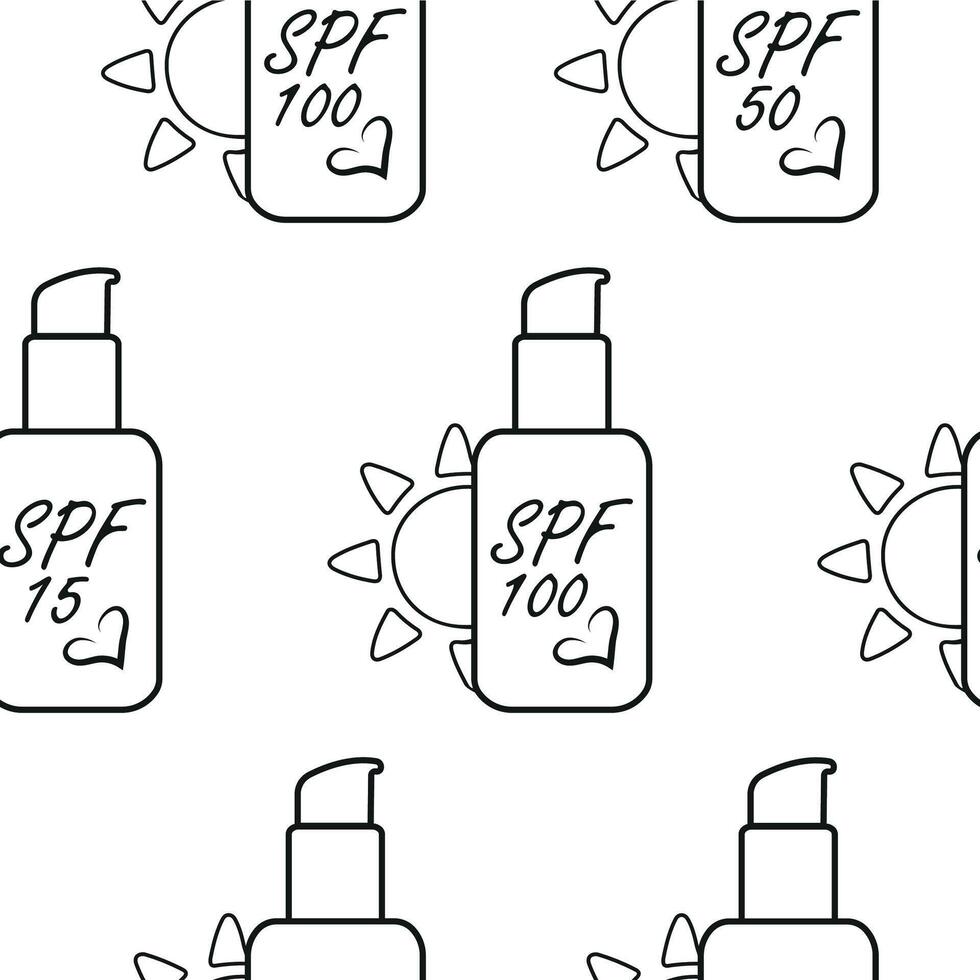 Pattern of spray sunscreen icons with different levels of sun protection, in line art style vector