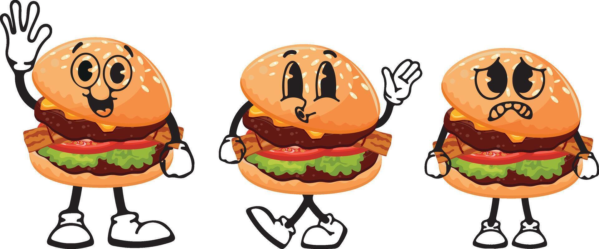 set of burger characters with vegetables, bacon and meat with various funny faces, Kawaii-style anthropomorphic food vector