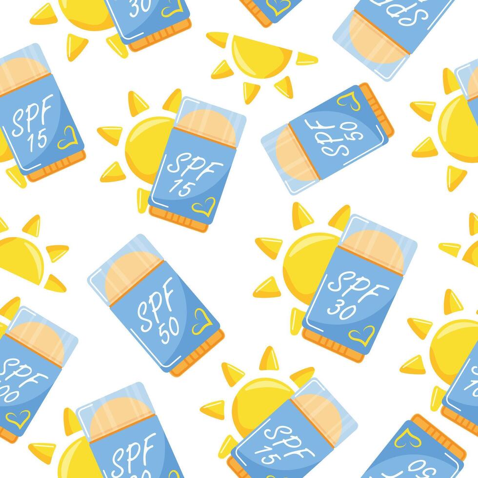 seamless pattern with icons of sunscreen stick in the shape of a deodorant for sun protection and a sun on the side, for summer designs vector