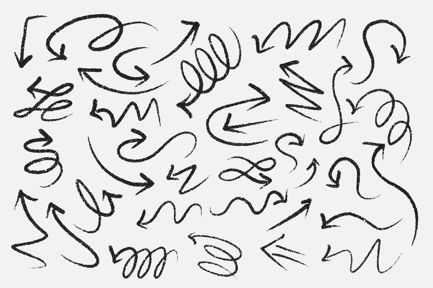 Charcoal hand drawn pencil arrows. Doodle curved chalk darts. Texture design elements of scribble lines. vector