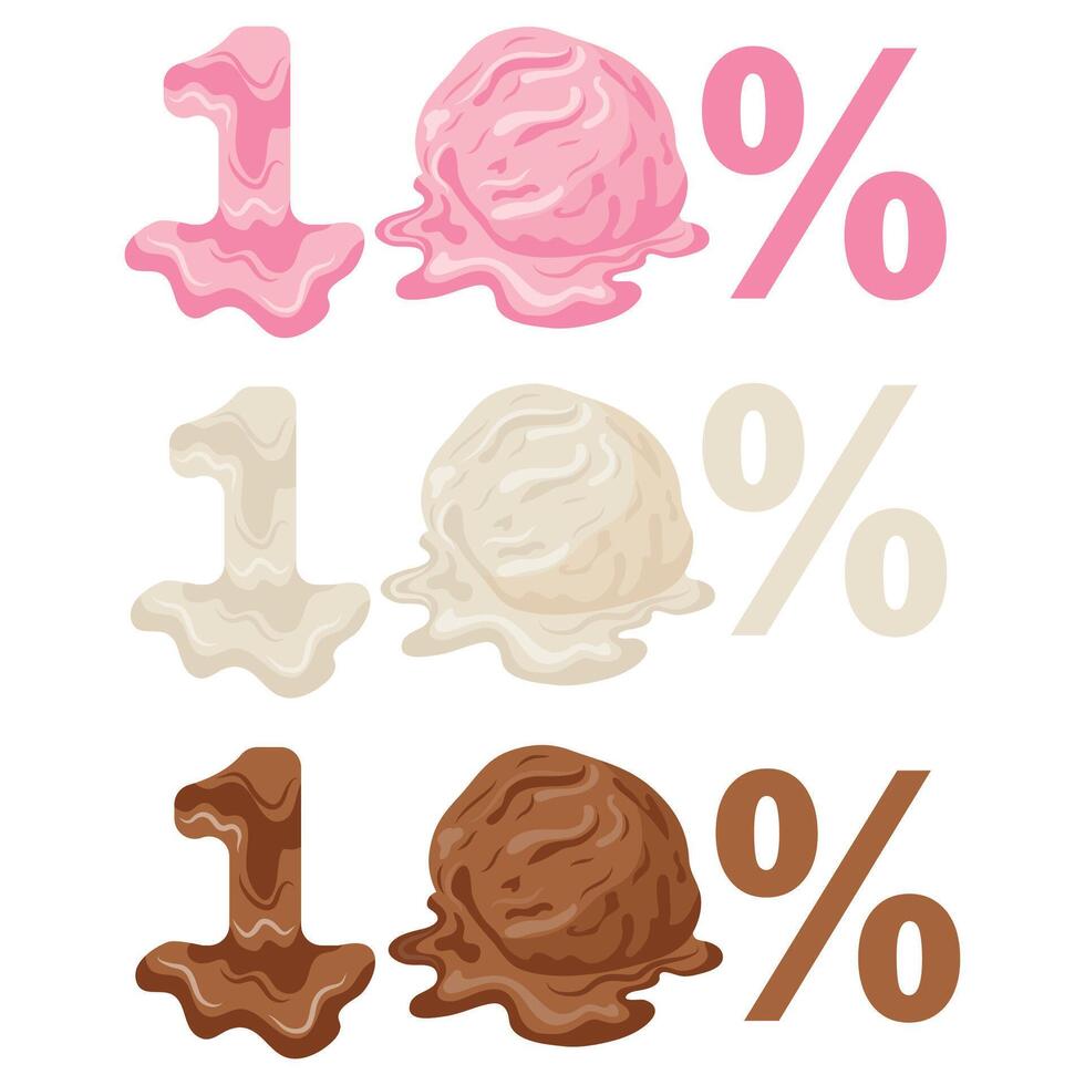 template of discount options for sale, namely 10 percent with melting ice cream scoops, melting discounts vector