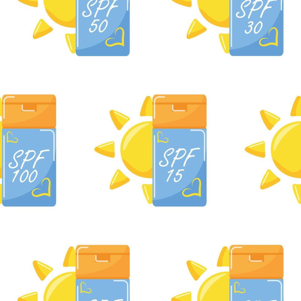 pattern of colored icons of sunscreen in a compact rectangular jar with different levels of sun protection vector
