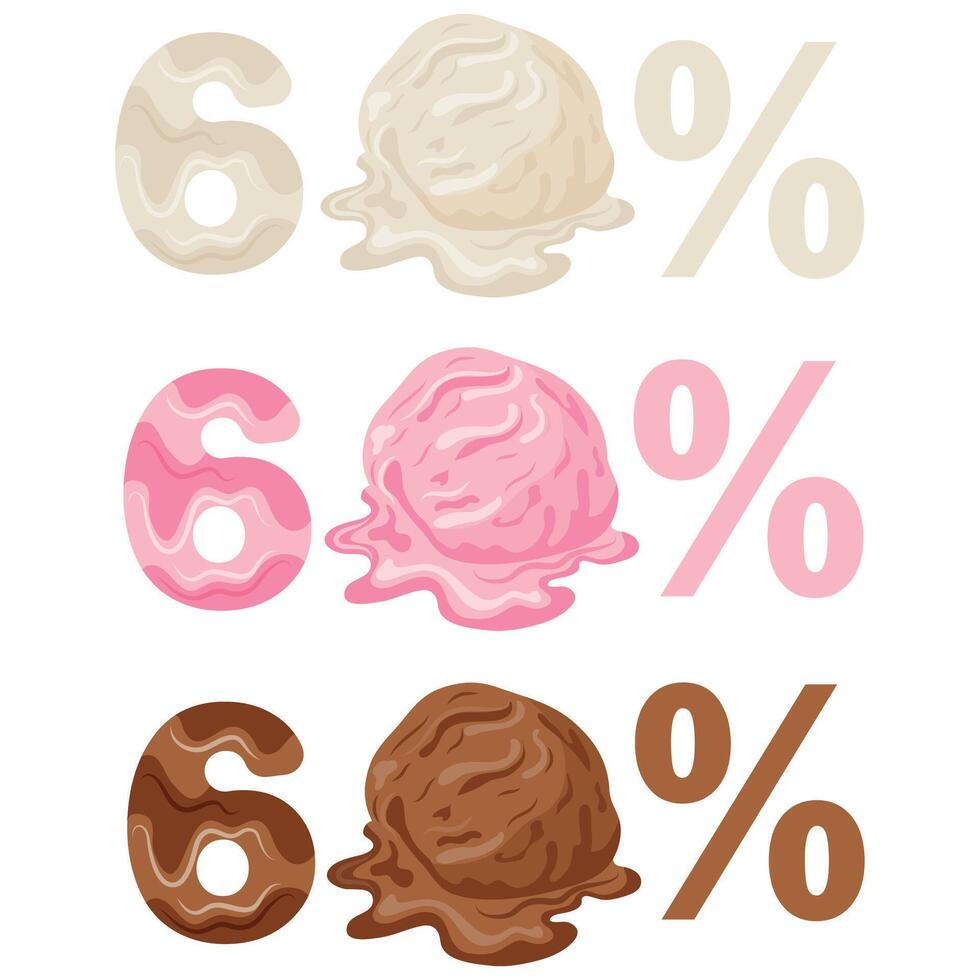 template of discount options for sale namely 60 percent with melting ice cream scoops, melting discounts vector
