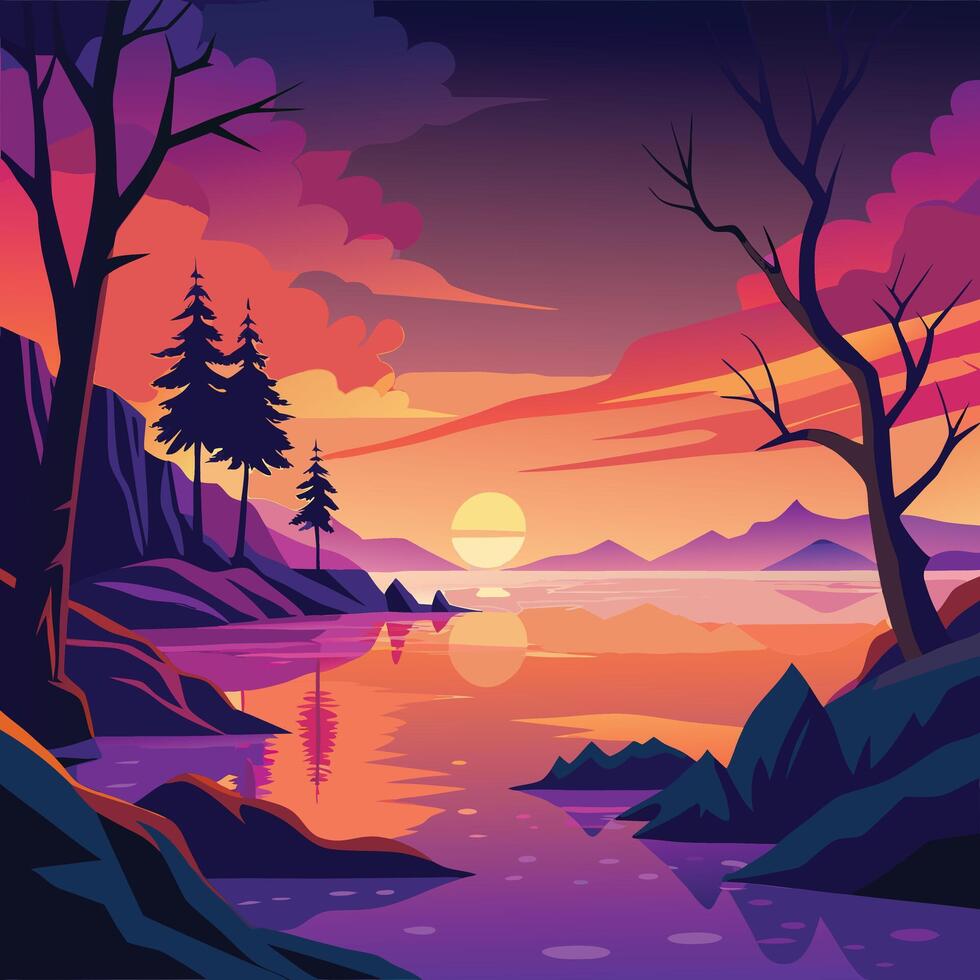 a sunset scene with trees and water vector
