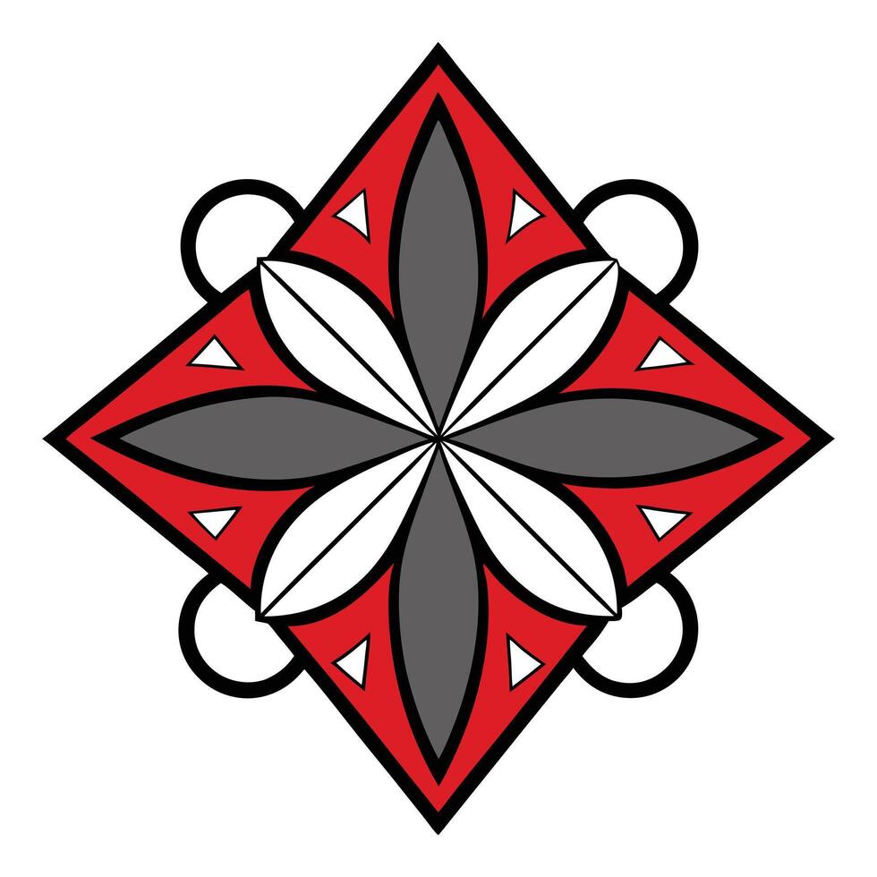 a red and black geometric design with a central flower vector