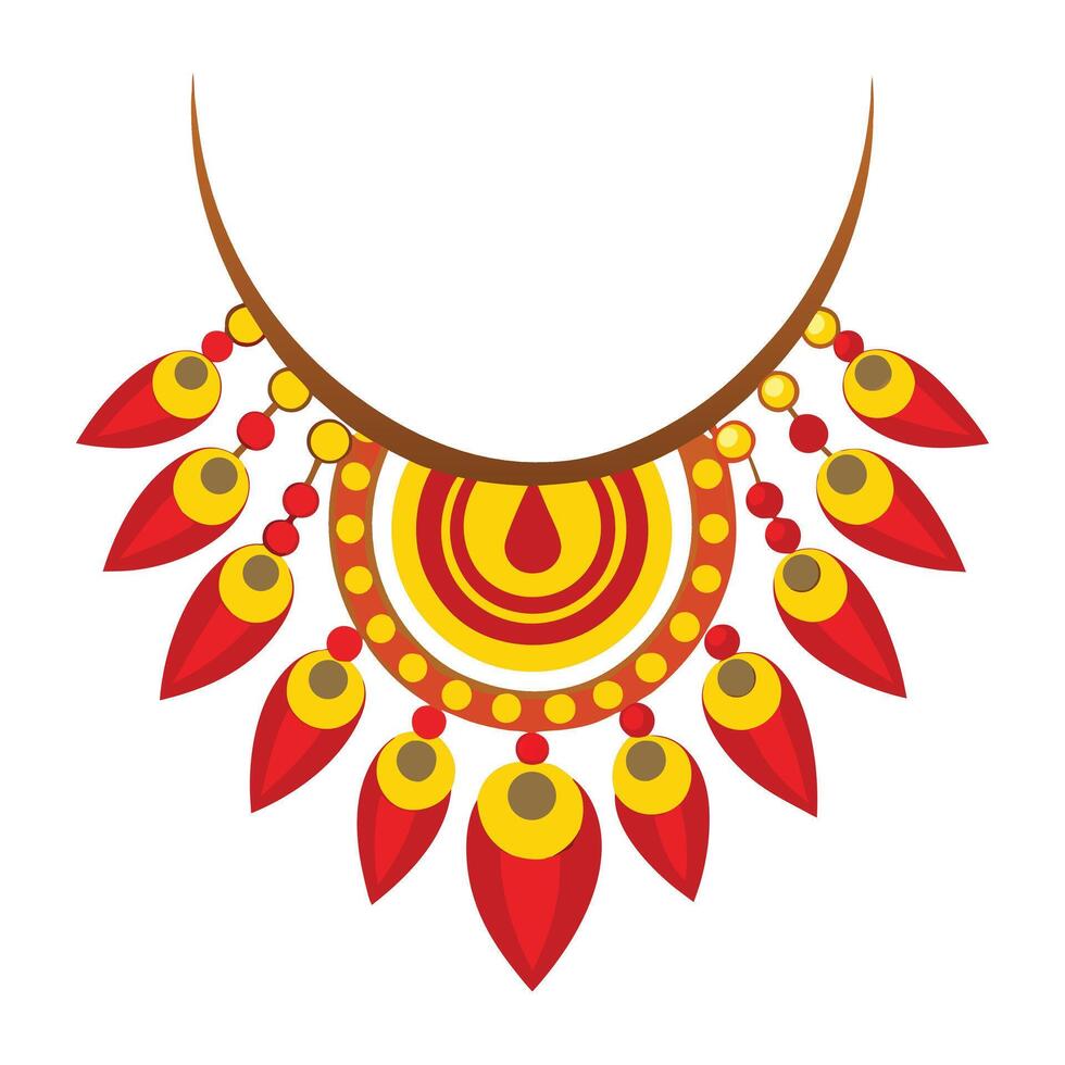 a red and yellow necklace with a red and yellow feather vector