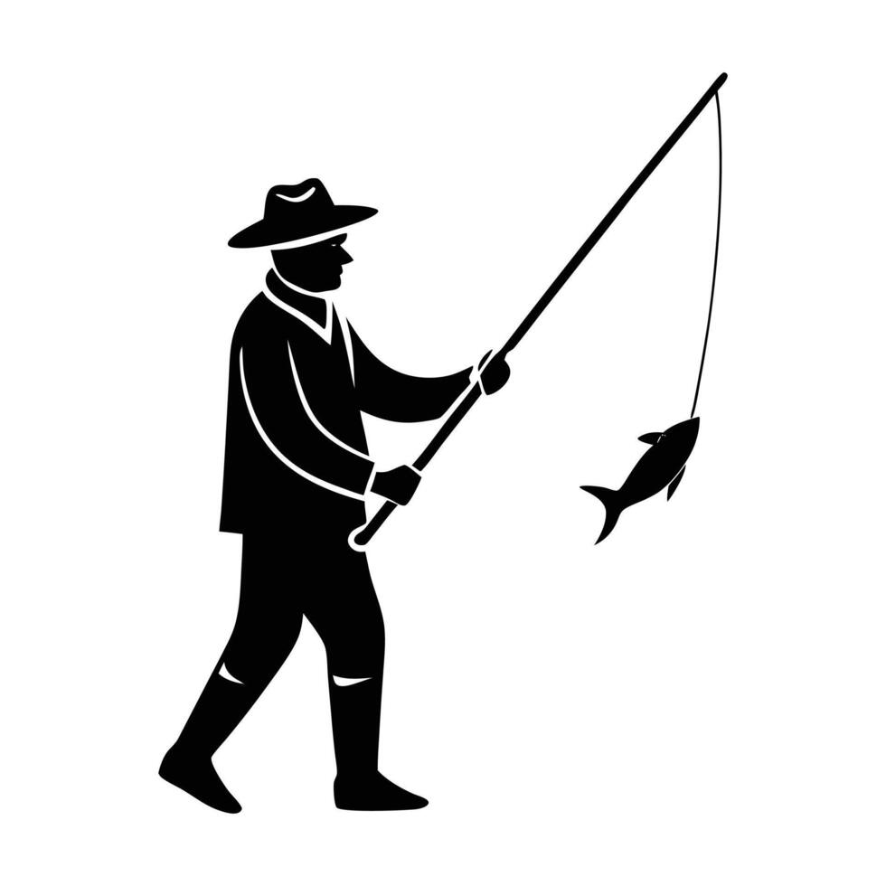 silhouette of a man fishing with a fish vector
