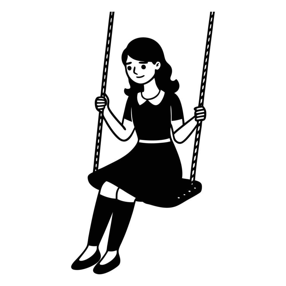 a black and white illustration of a girl on a swing vector