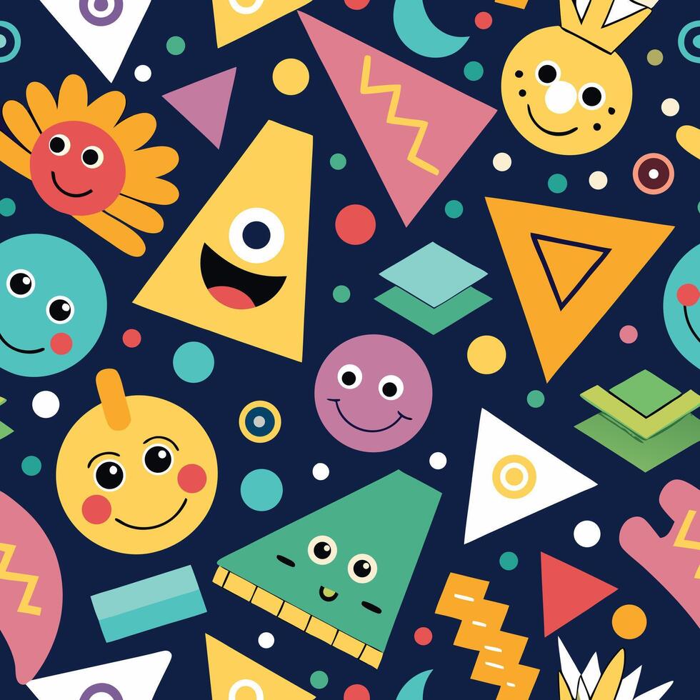 a colorful pattern with cartoon faces and shapes vector