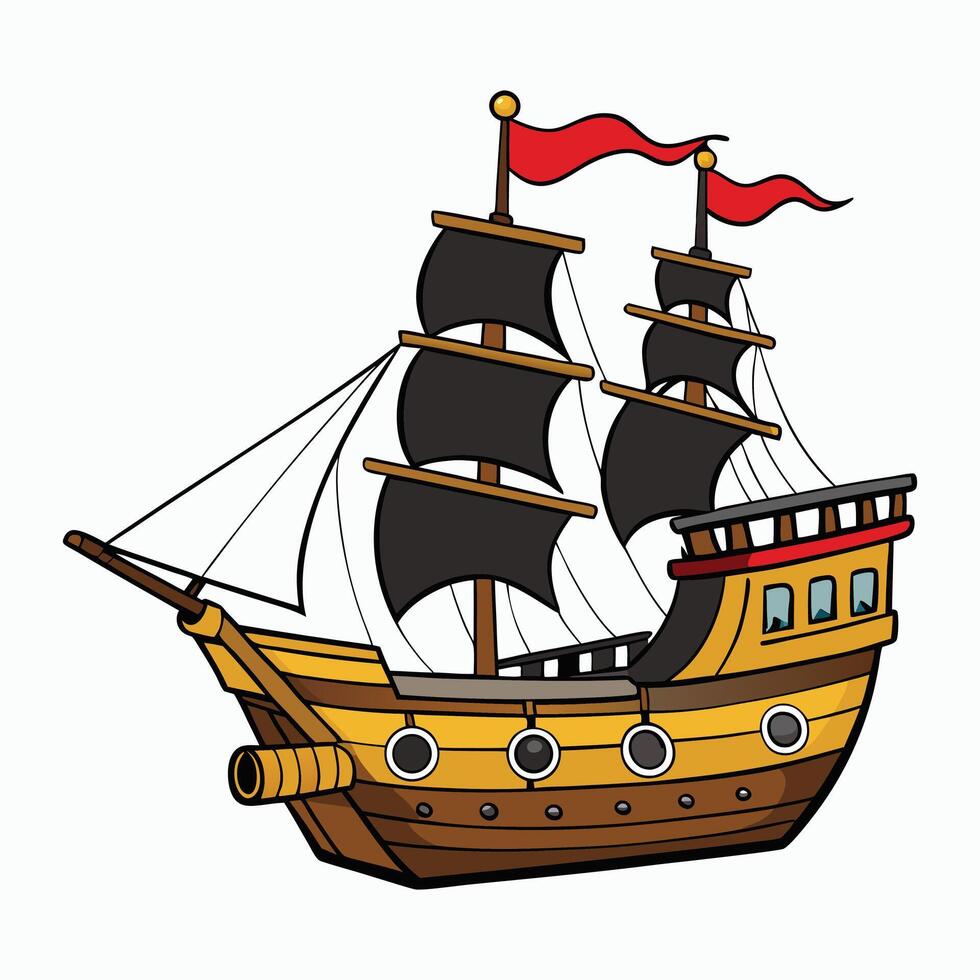 cartoon pirate ship with sails and flags vector