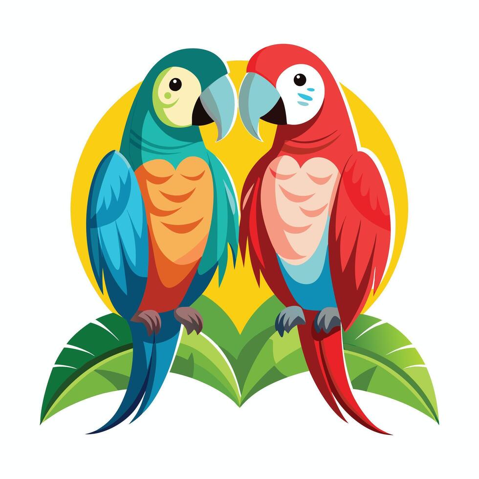 two colorful parrots are sitting on a branch vector