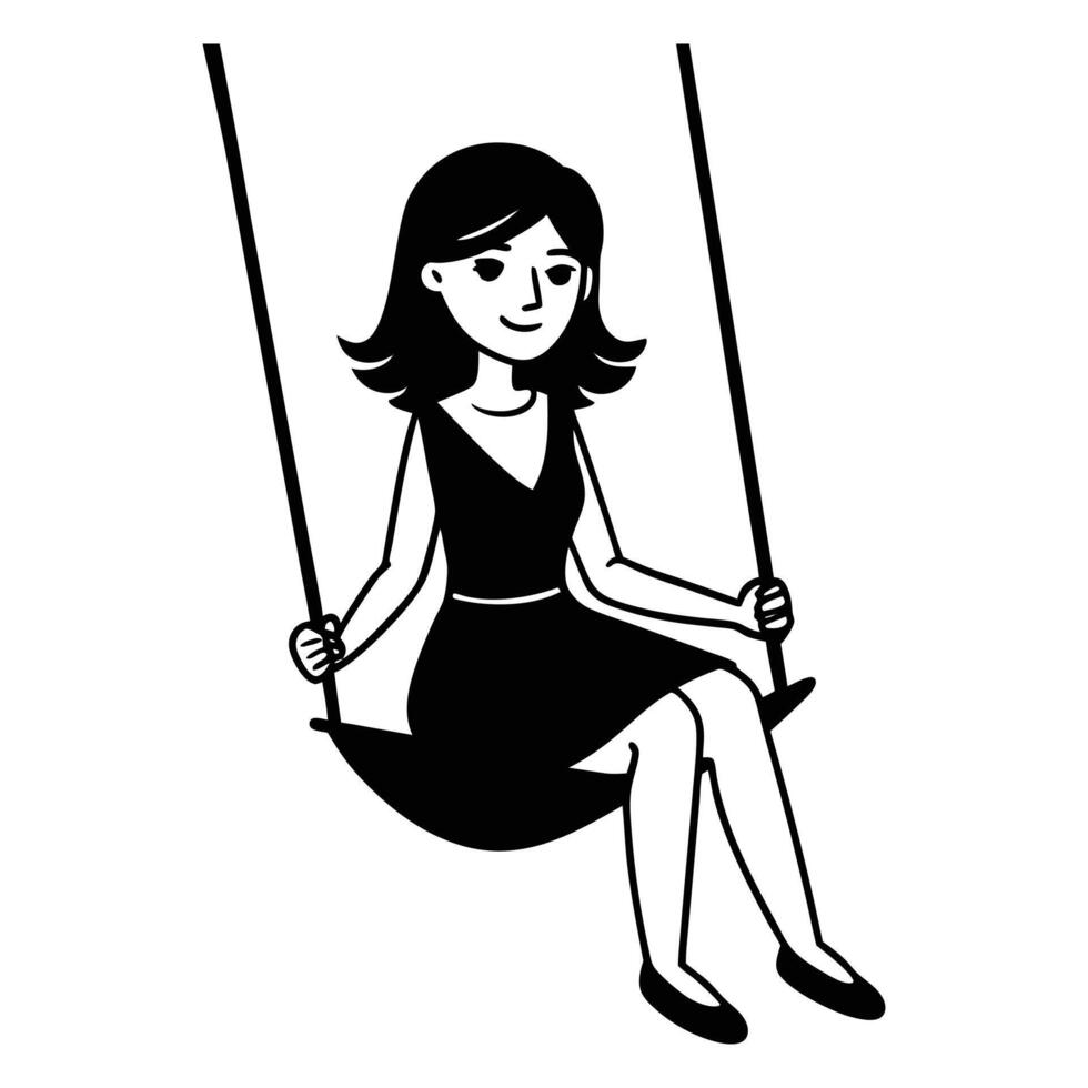 a black and white illustration of a girl on a swing. vector