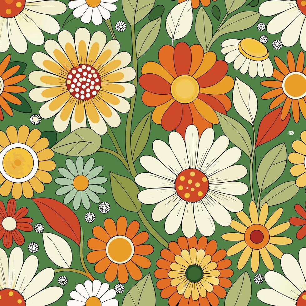 a colorful floral pattern with flowers on green vector
