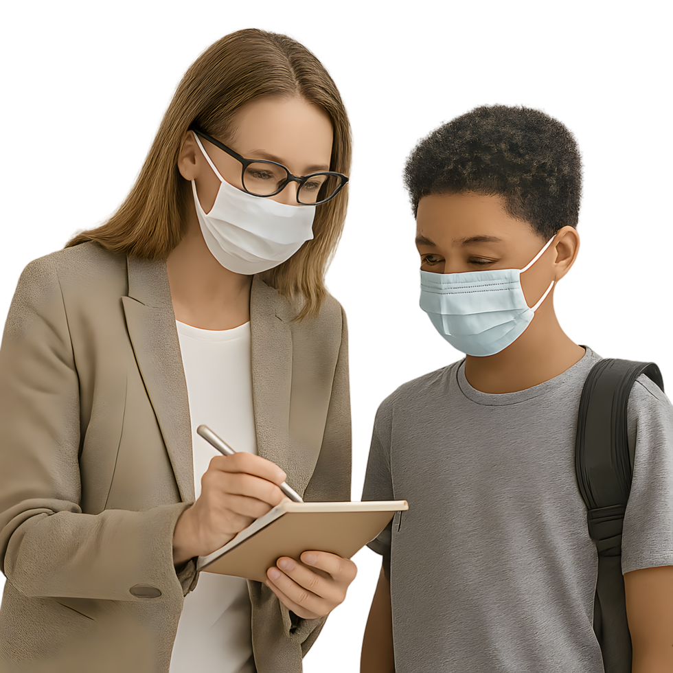 Educational interaction between teacher and student in a classroom setting with transparent background png