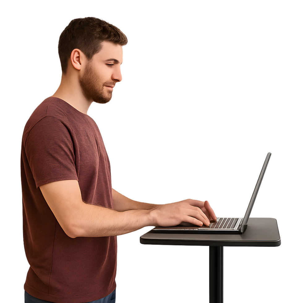 Standing man working on laptop with transparent background in modern office environment png