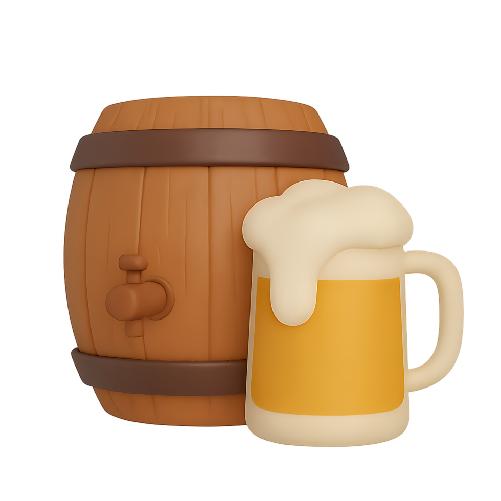 Celebratory toast with beer mug and barrel in rustic background festive setting digital illustration png
