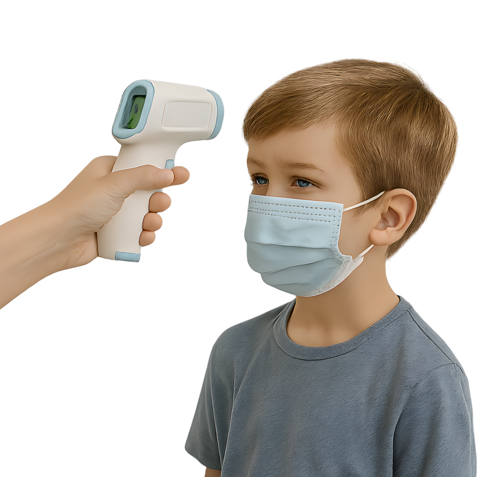 Child getting temperature check with infrared thermometer healthcare setting transparent background close-up view png