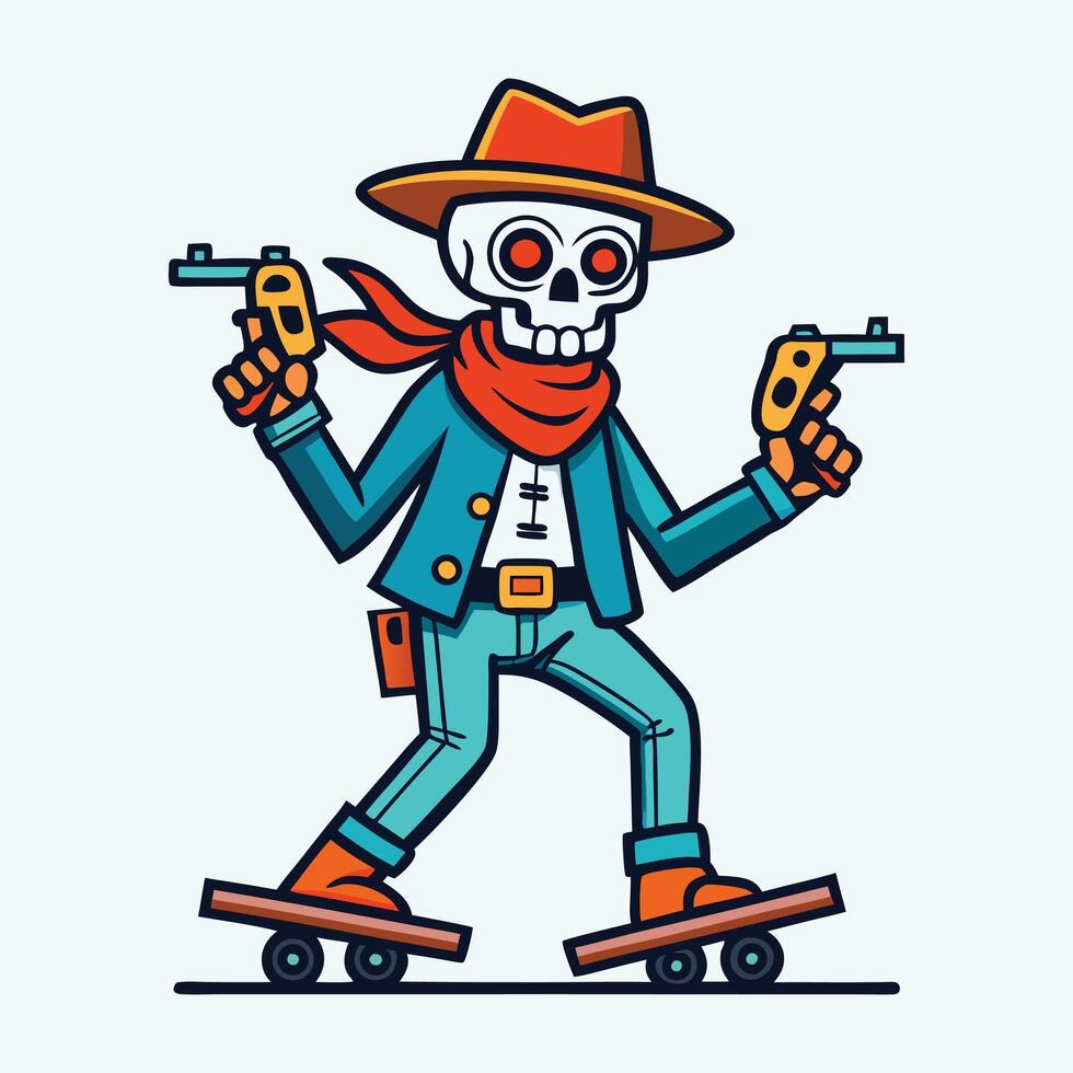 a skeleton with guns on a skateboard vector