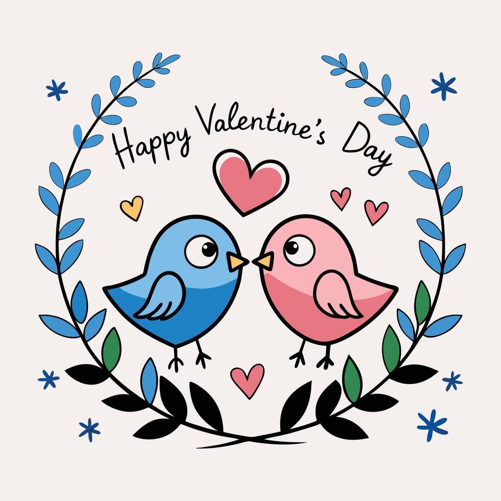 valentine's day card with two birds in a wreath vector