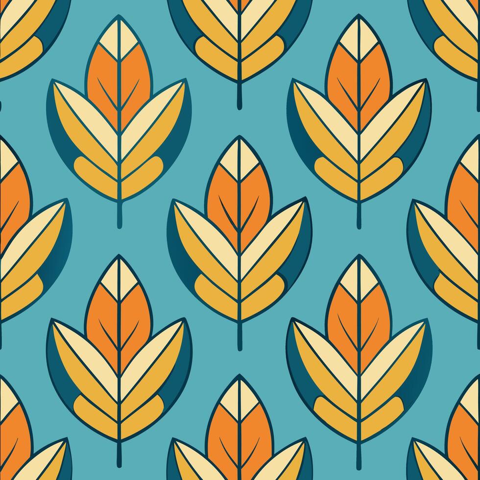 a pattern with orange and blue leaves vector