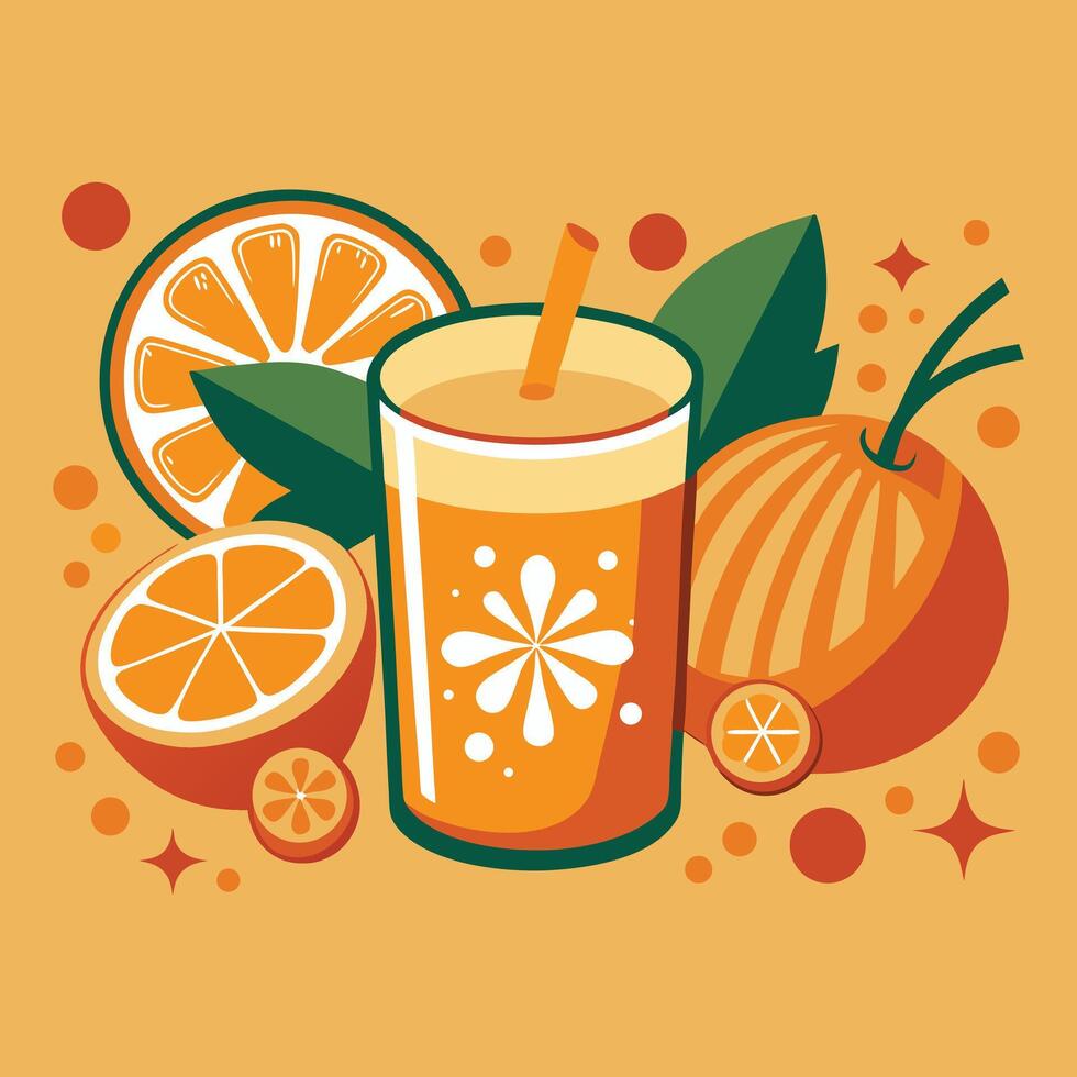 orange juice with a straw and oranges on a yellow background vector
