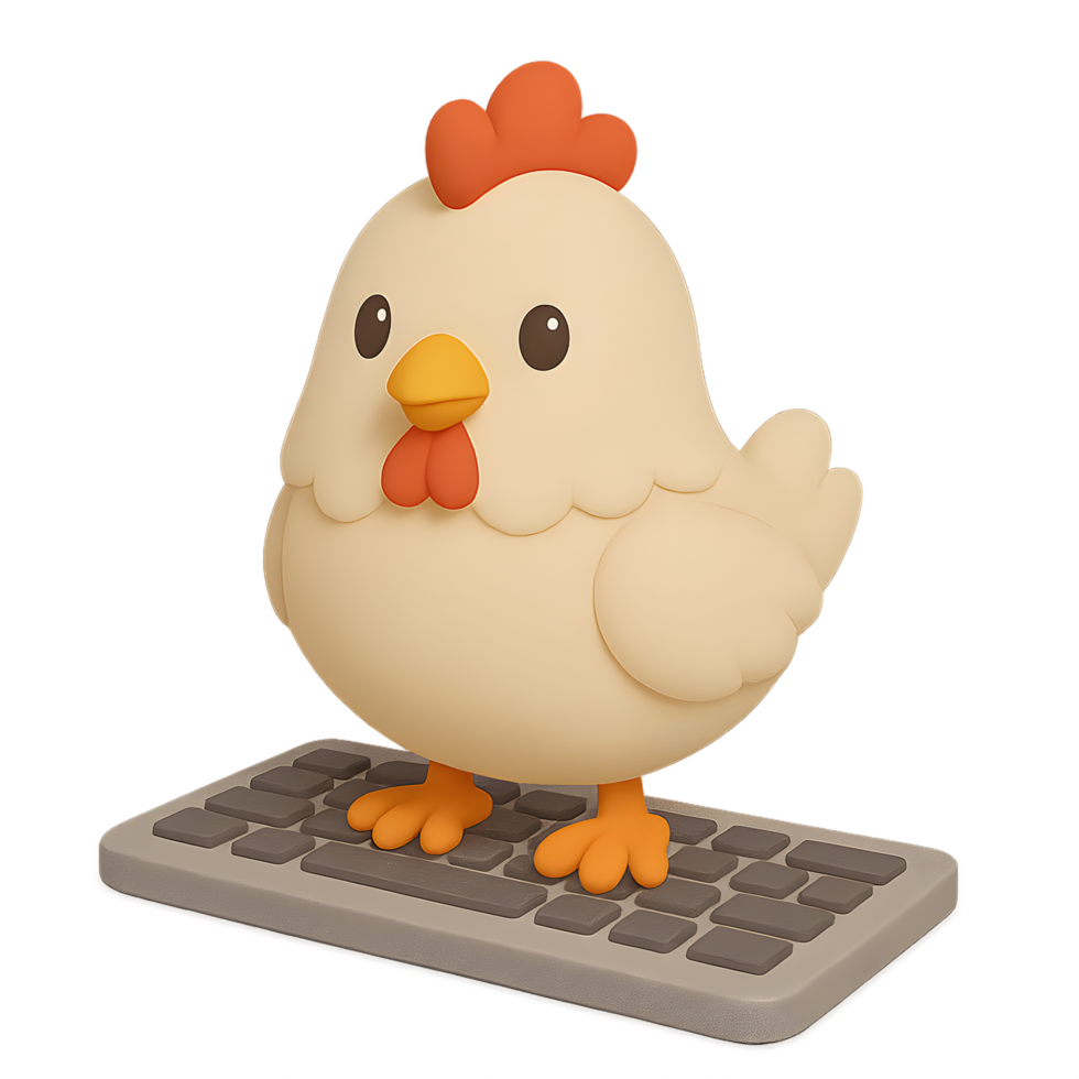 Transparent chicken standing on keyboard in a fun digital environment for creative backgrounds png