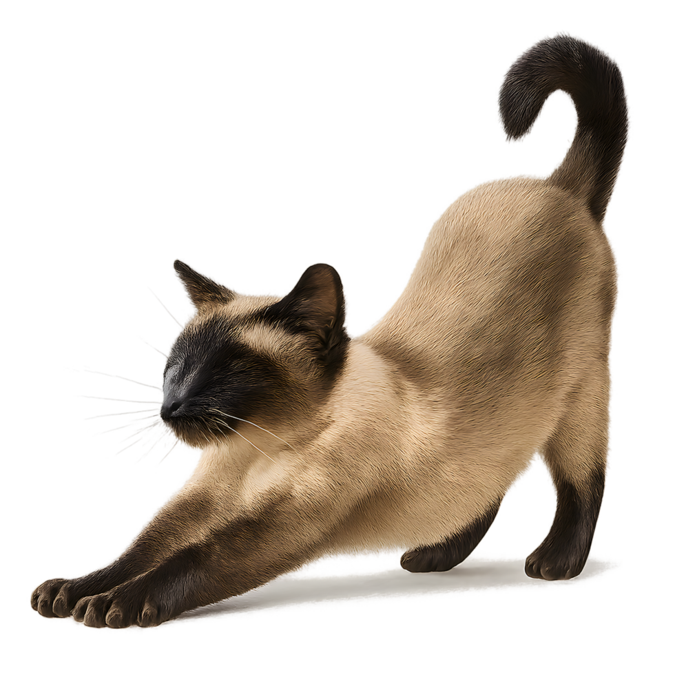 Stretching siamese cat indoor setting transparent background playful environment close-up view graceful concept for seo impact png