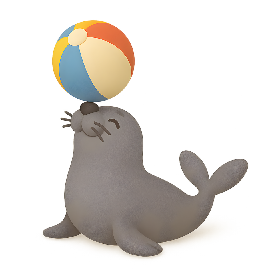 Playful seal balancing a beach ball 3d render with transparent background adorable animal scene fun environment png