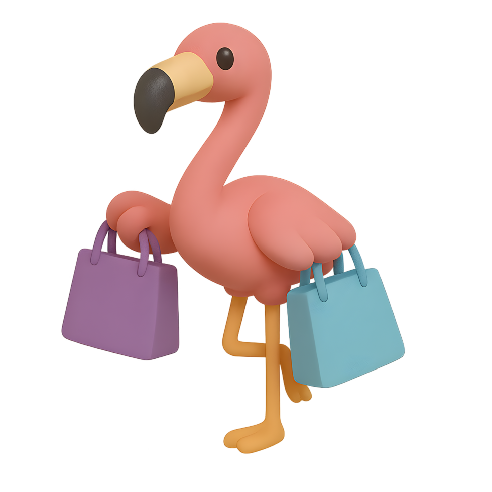 Shopping flamingo 3d render with transparent background fun lifestyle in a colorful environment png