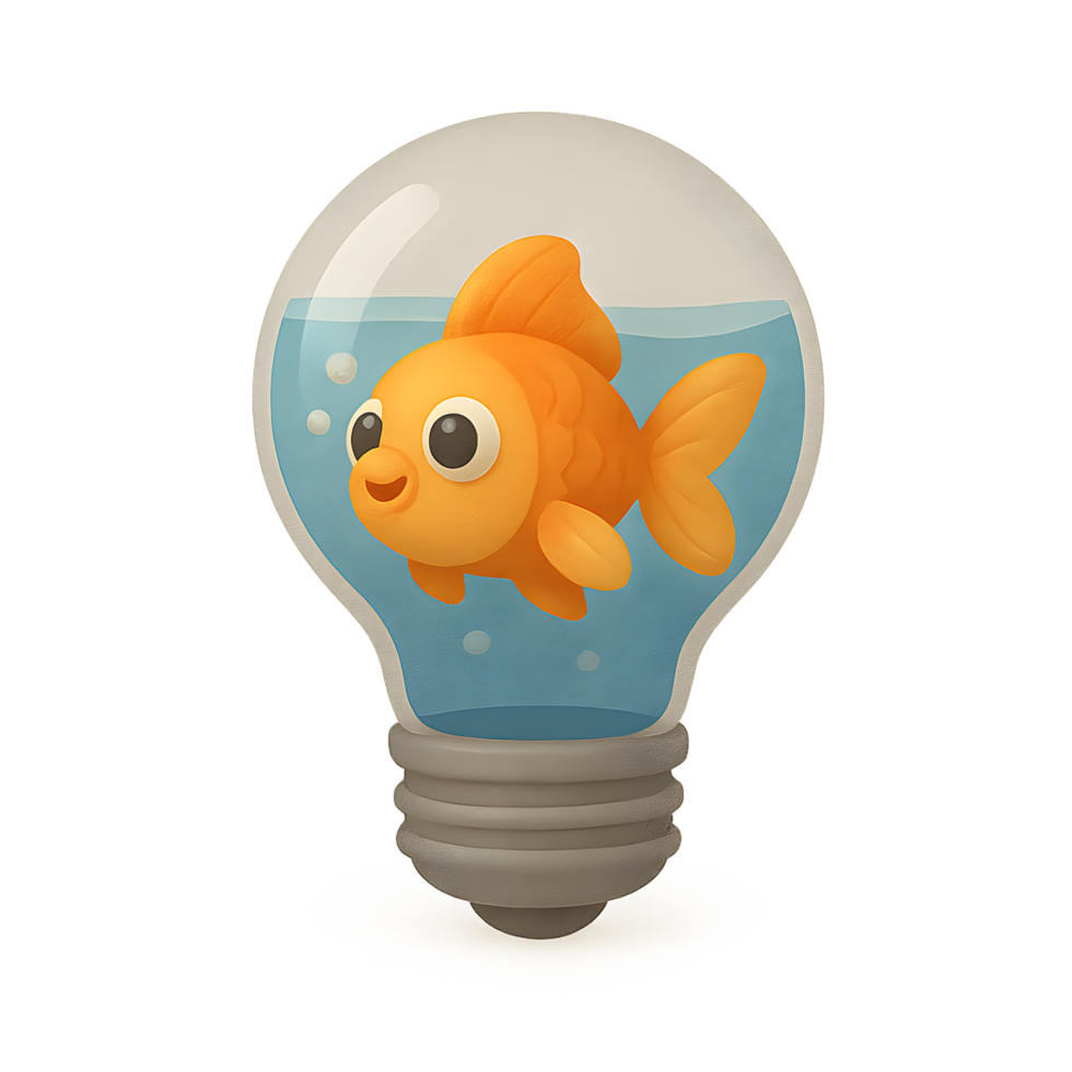 Playful goldfish in light bulb 3d render transparent background digital art creative environment fun concept png