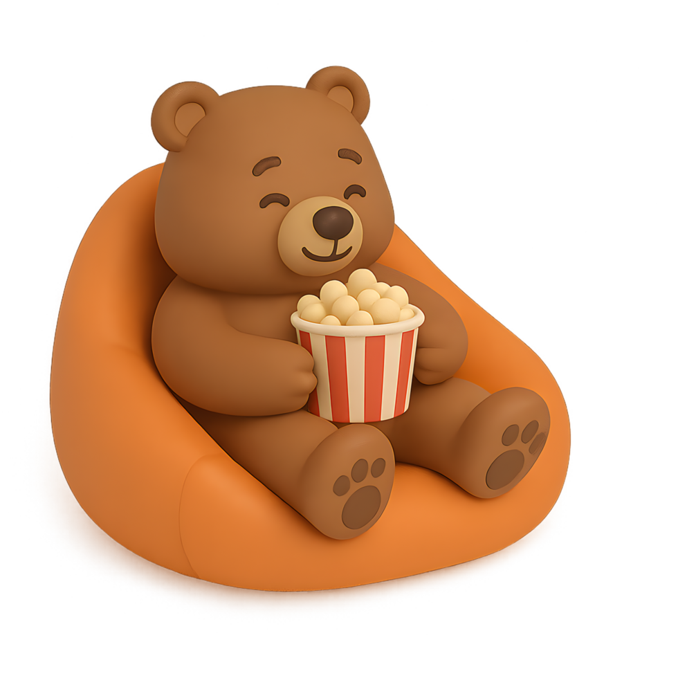 3d render of a transparent bear character enjoying popcorn in a cozy bean bag cartoon style playful background png