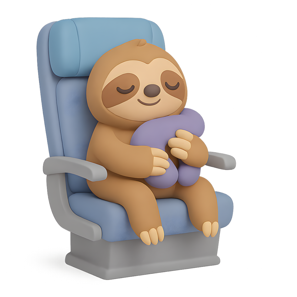 3d render of a sloth in an airplane seat transparent background cute character design animated style relaxation concept png
