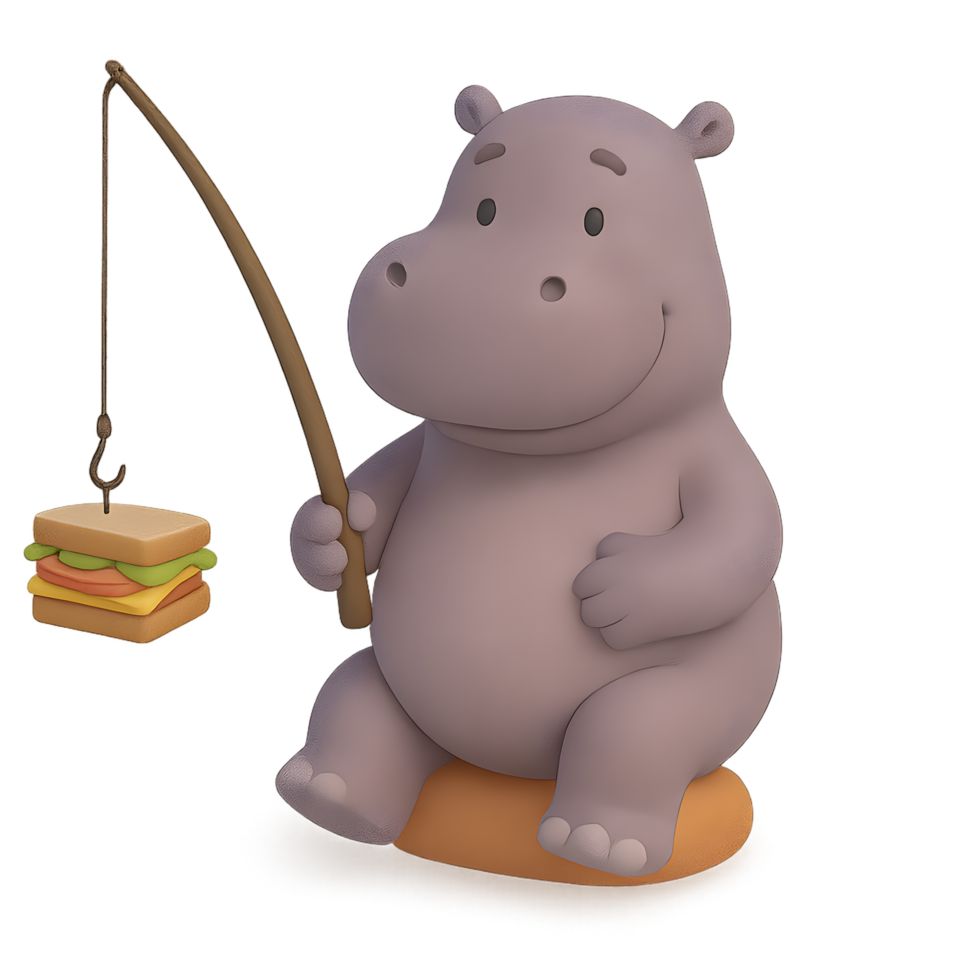 Fishing hippo character 3d render with transparent background fun animation playful environment whimsical viewpoint png