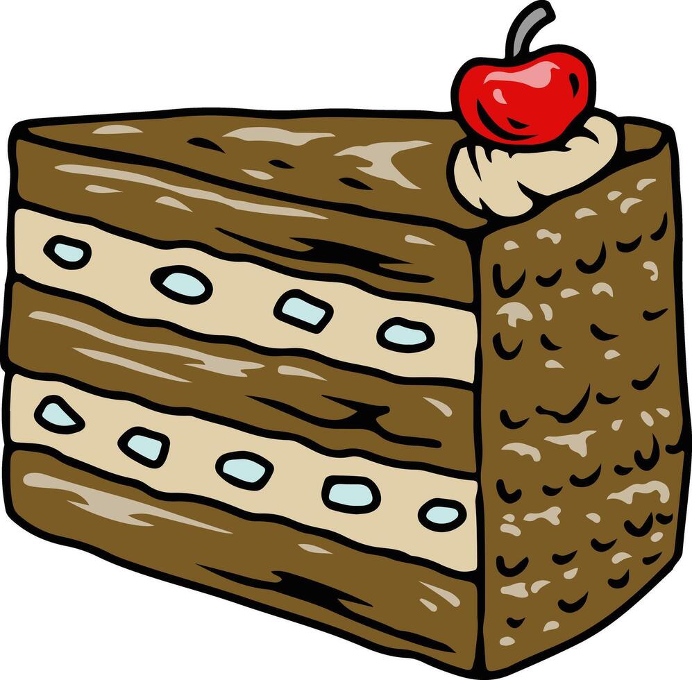 Cartoon slice of chocolate layer cake with cherry topping vector