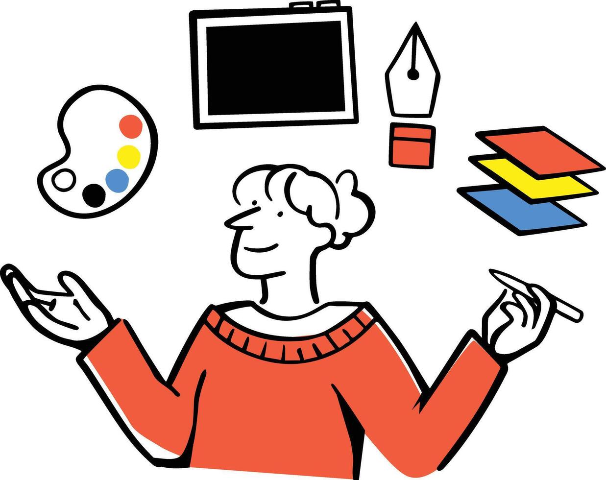 A flat style woman with a stylus, paint palette, and layers illustrating visual and character elements vector