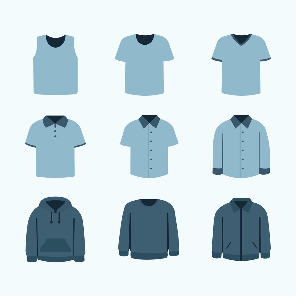 Types of men shirts, sweater, jacket, hoodie, tank top, dress. Set of different types of shirt vector
