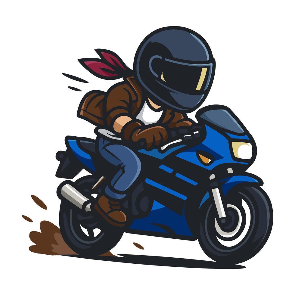 The driver of a motorcycle clad in a leather jacket and riding. Lover Biker Touring. Blue sport cartoon vector