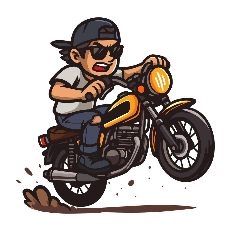 Biker Riding Motorcycle. A cartoon character with a cape rides a yellow motorcycle vector
