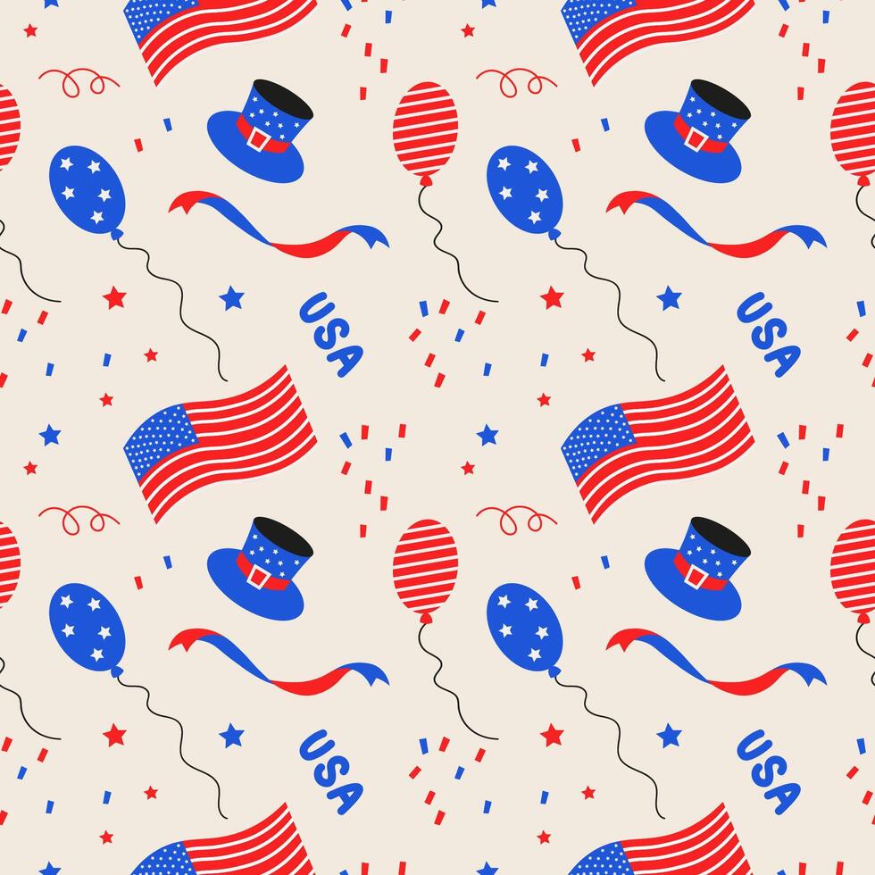 Happy 4th July American Independence Day seamless repeating background. Cartoon pattern with the USA flag, Americans holiday attributes, icons, items greeting of victory. Flat illustration vector