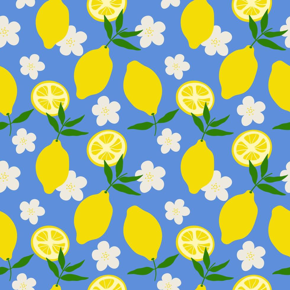 Lemon Citrus fruit repeating seamless pattern. Blue background with yellow citrons, leaf, flower. Rapport with yellow Lime plant branch for wrapping, textile, paper, card, print, paper, label vector