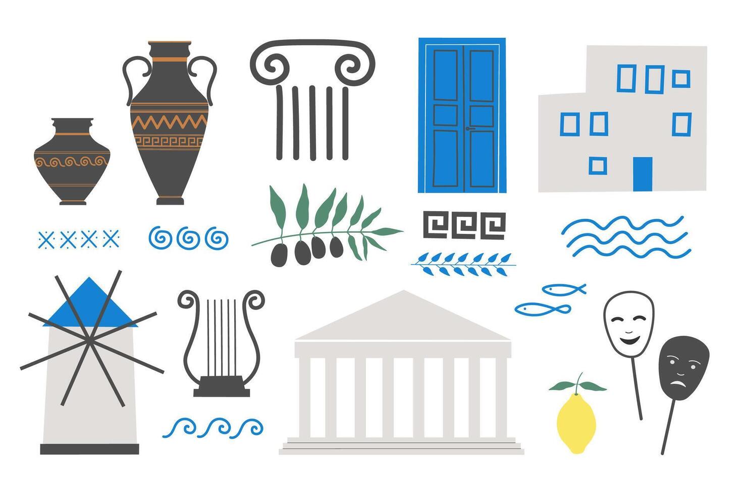 Greek set with acropolis, column, blue door, Greek vases, Mediterranean ornaments, lemon, olive branch, white house from Santorini. Illustration for travel, traditions, vacation, holiday, flyer vector